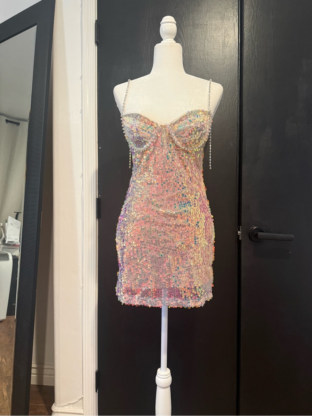 Iridescent Sequin Mini Dress with Crystal Straps